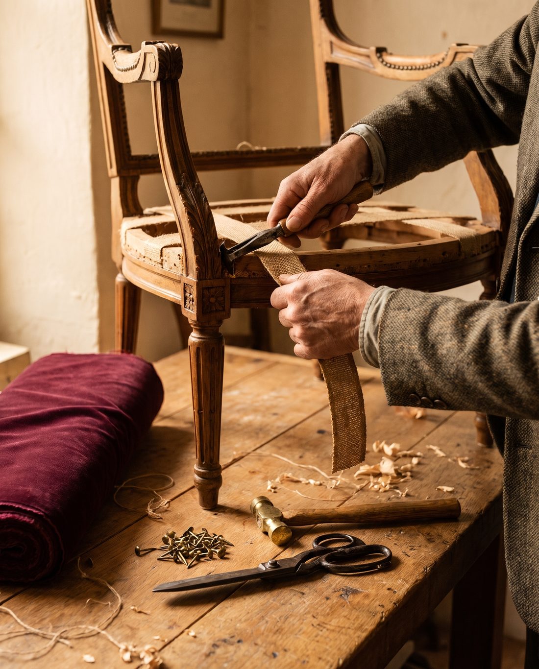 Artisan tapissier posant les sangles d'un fauteuil
