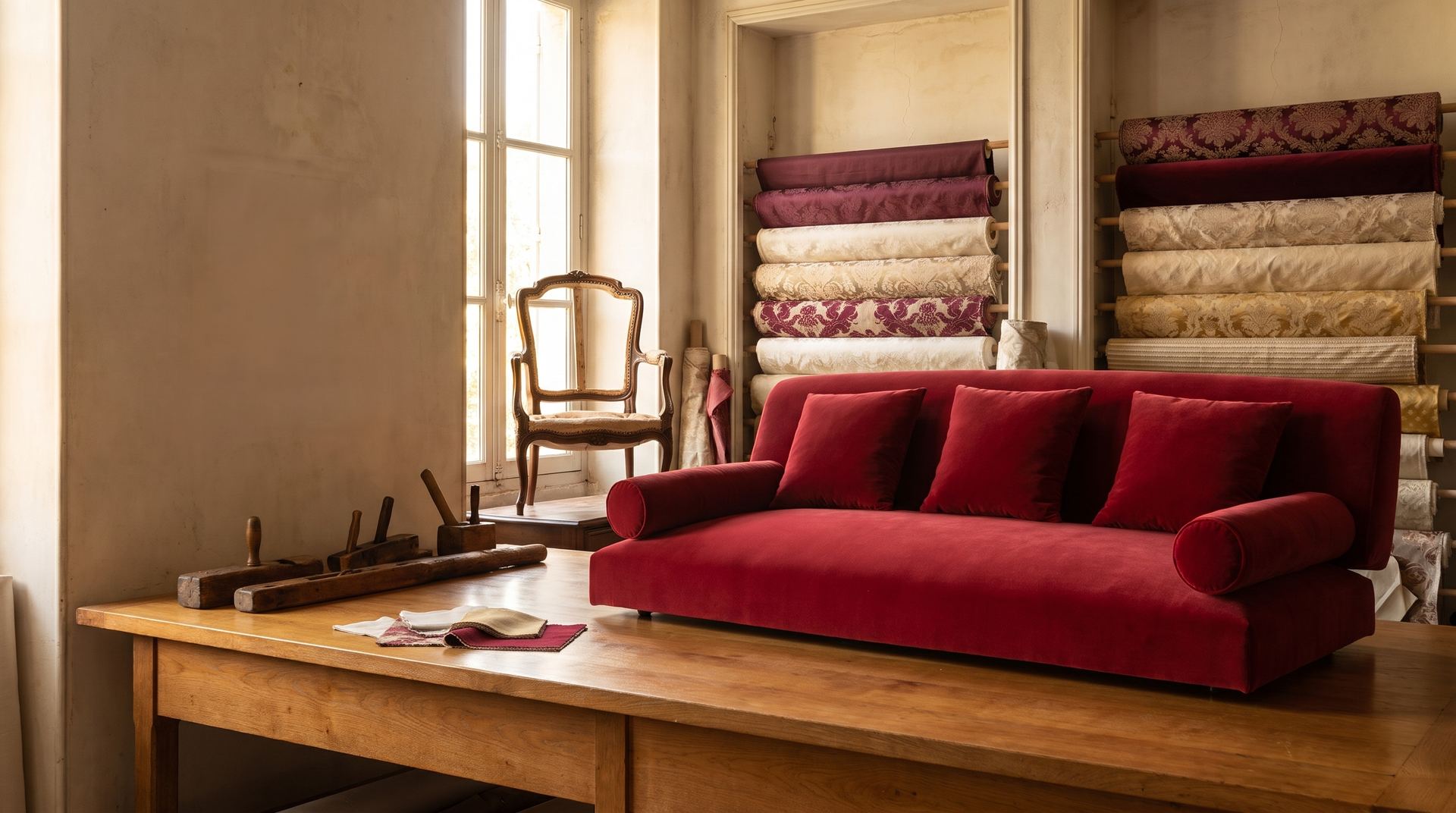 Canapé en velours rouge refait à l'atelier Maison Chevalier